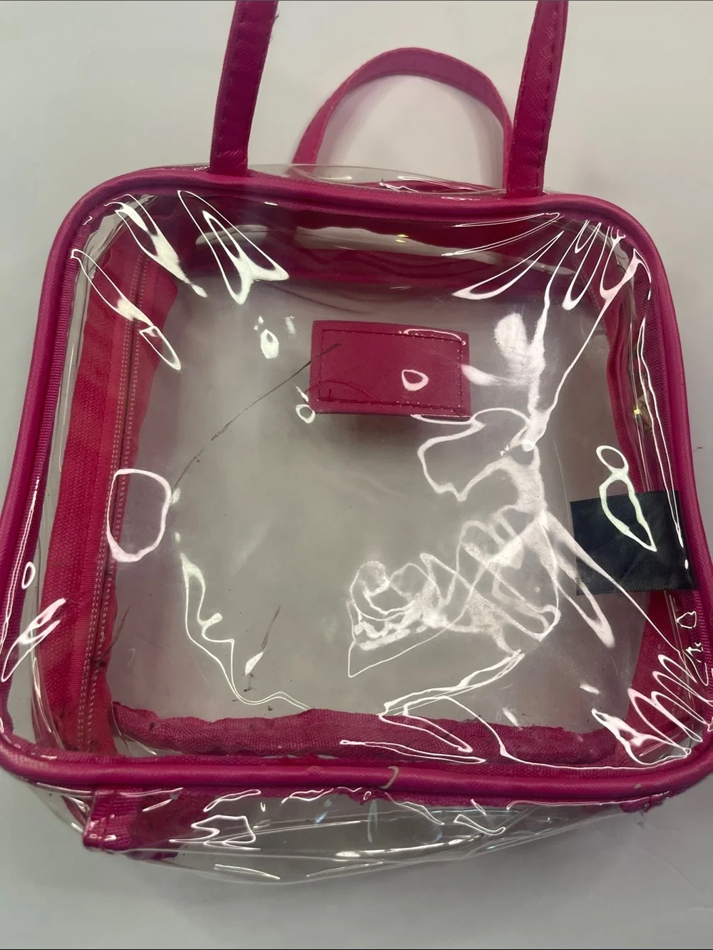 bebe Hot Pink Clear Cosmetic Tote with Gold Logo Plaque